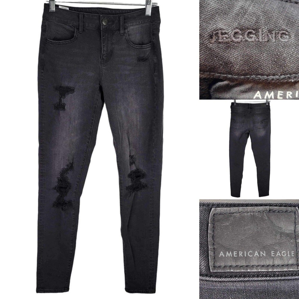 American Eagle AE Jeans Sz 4 Womens Jegging Stretch Mid Rise Faded Black